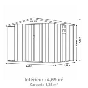 Abri de jardin en acier Argence avec carport - Portes coulissantes et étagère intégrée